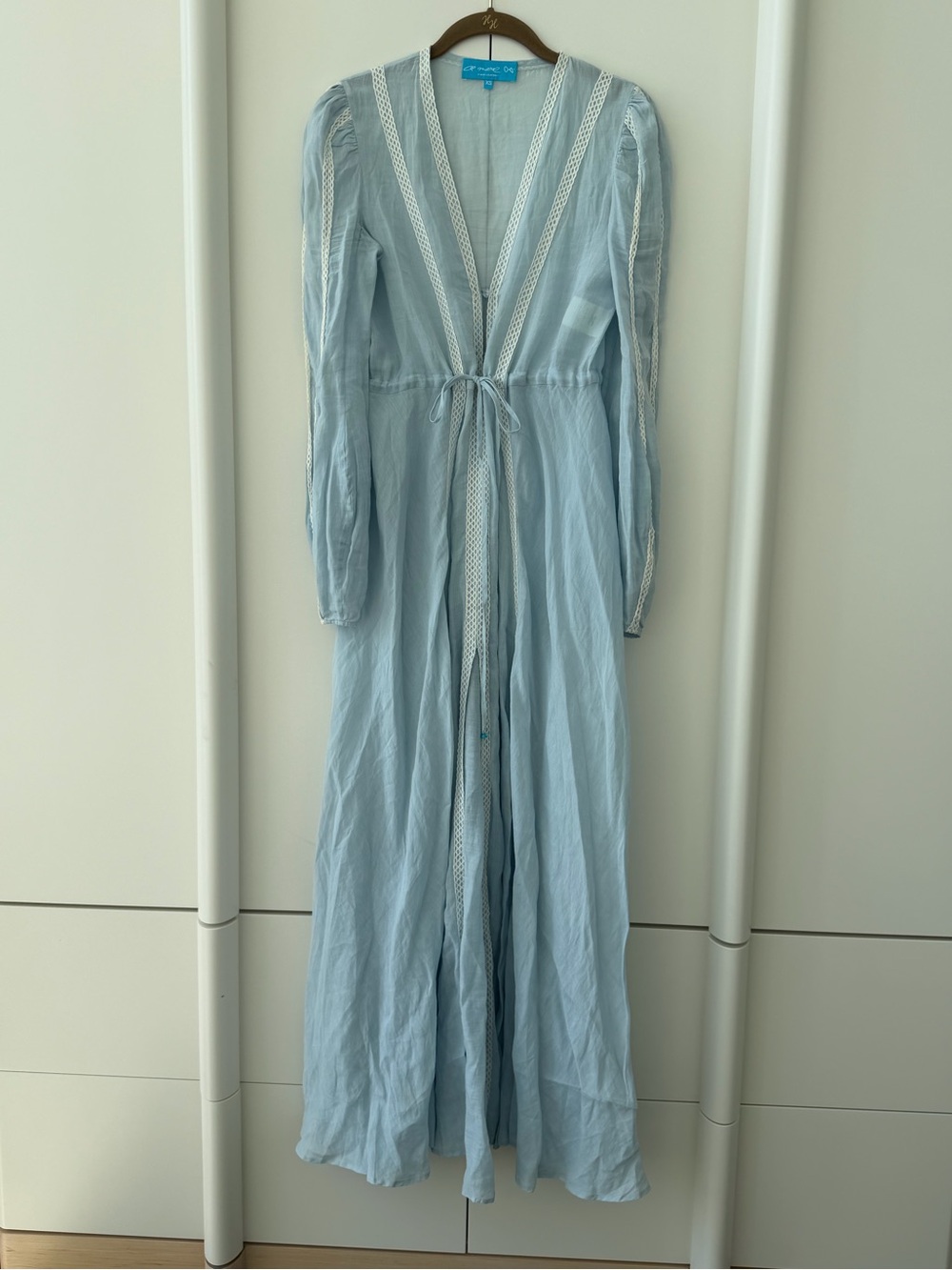 A-Mere-Co Maxi dress/ light blue with lace details/ beach cover up dress. XS